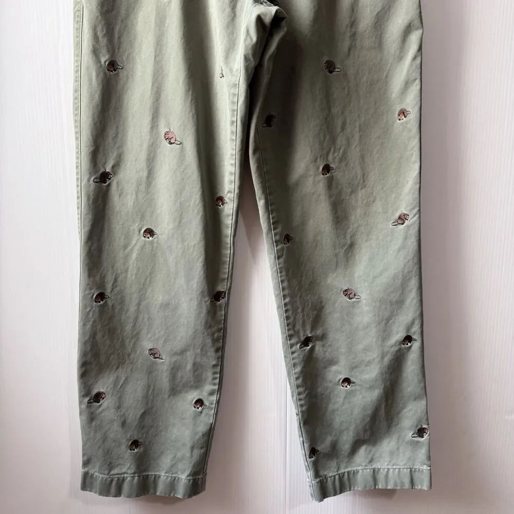 VTG J.Crew Critter Chinos Mens (34X32Tag) Beaver Embroidery Olive Green Rare